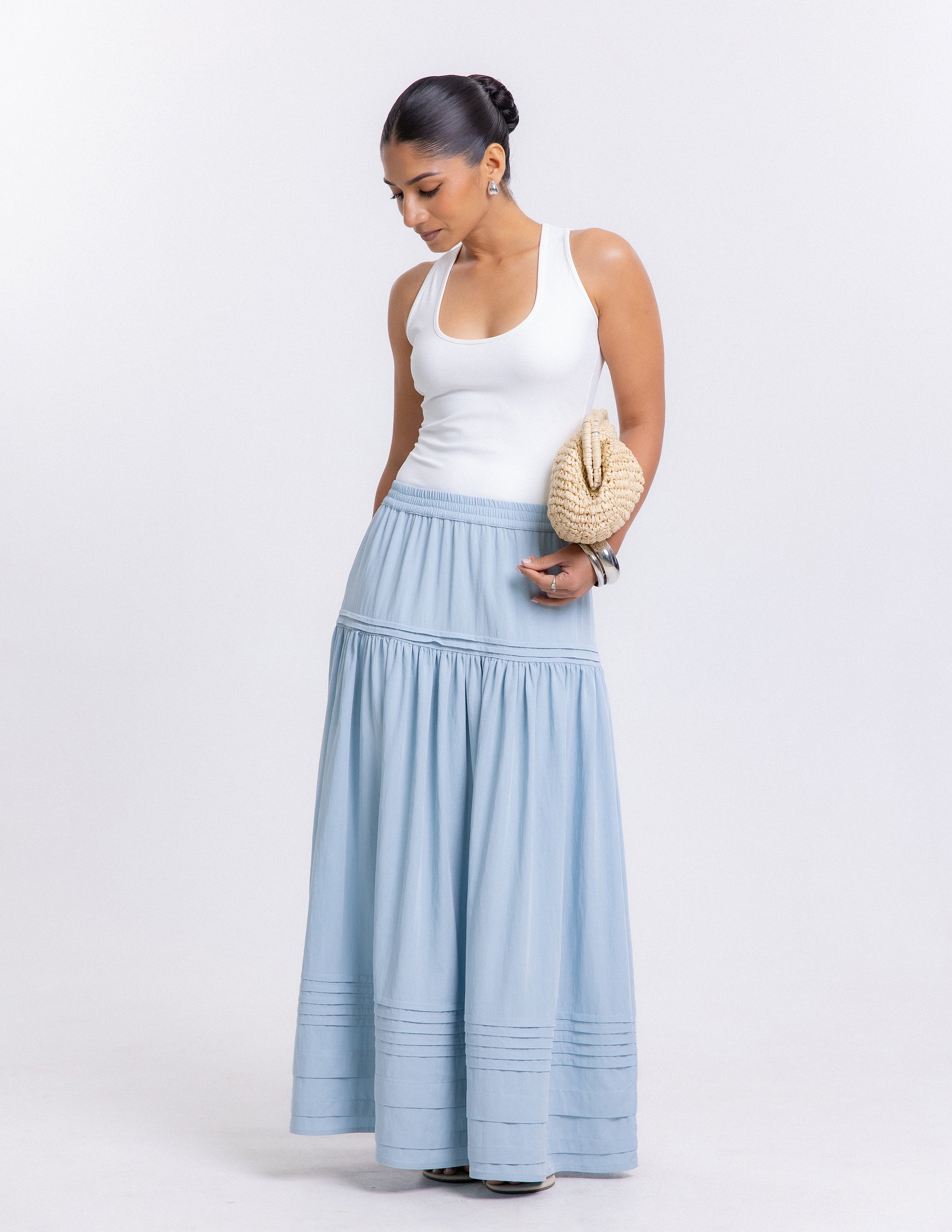 Pintuck Detailed Low Waist Maxi Skirt