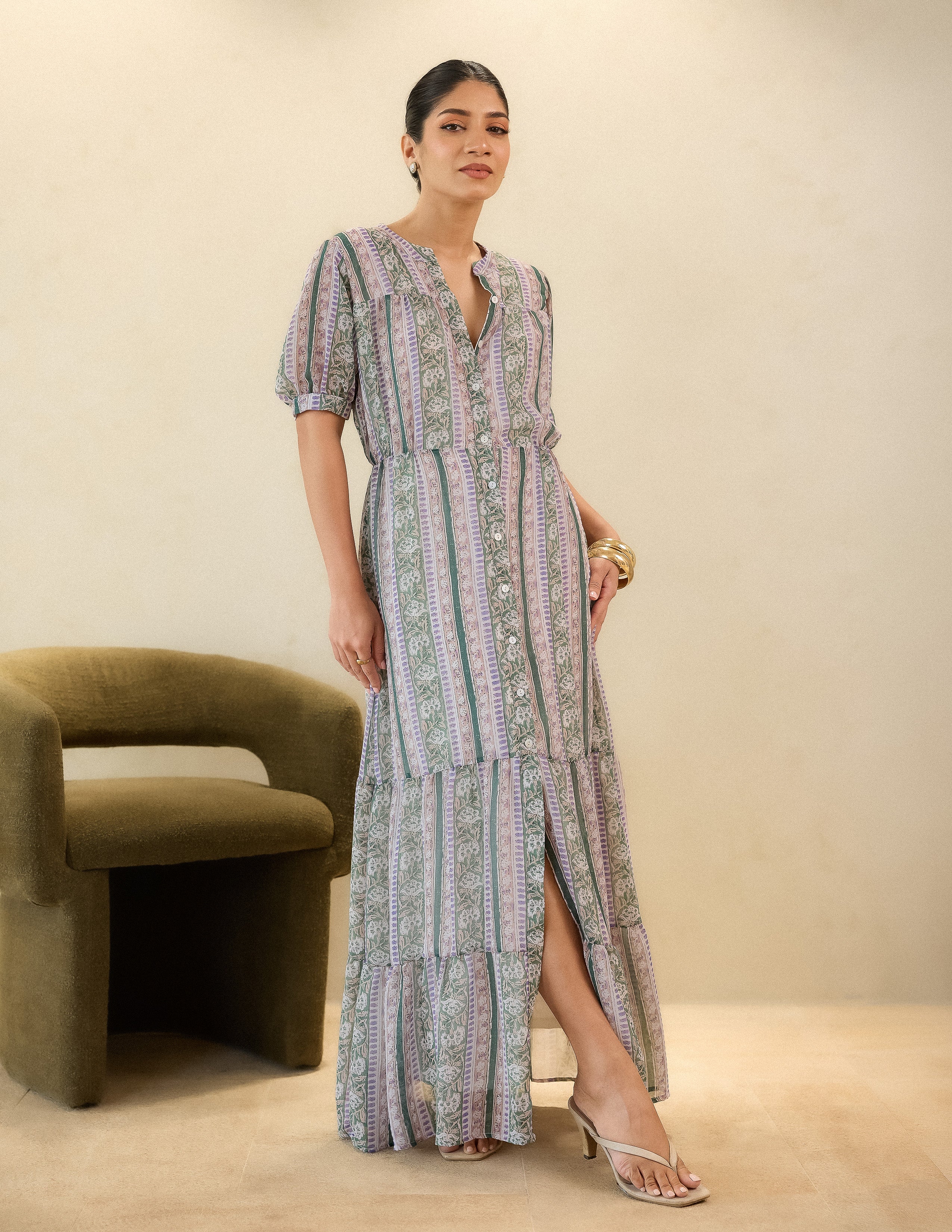 Button Down Tiered Maxi Dress