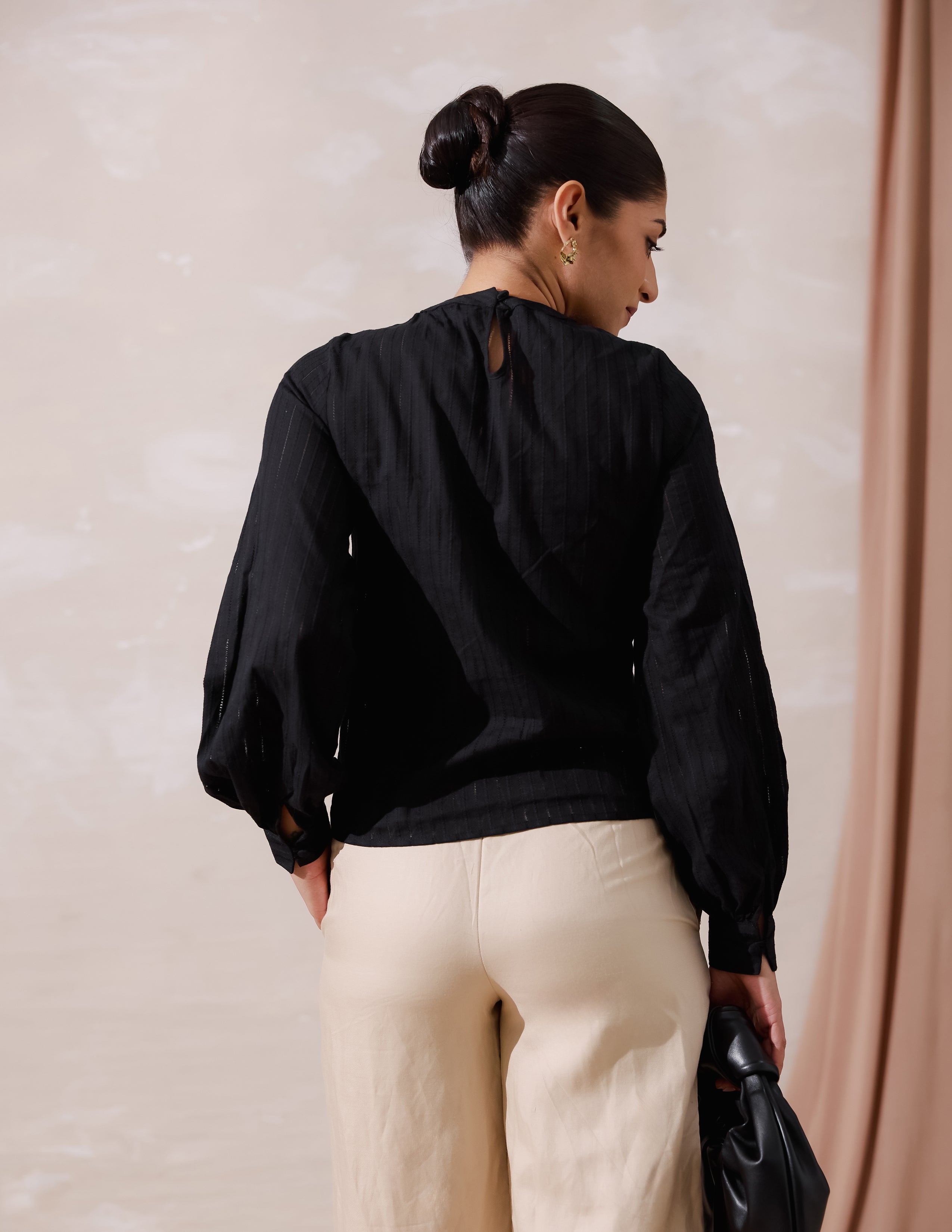 Chinese Collar Front Lace Detailed Long Sleeved Top