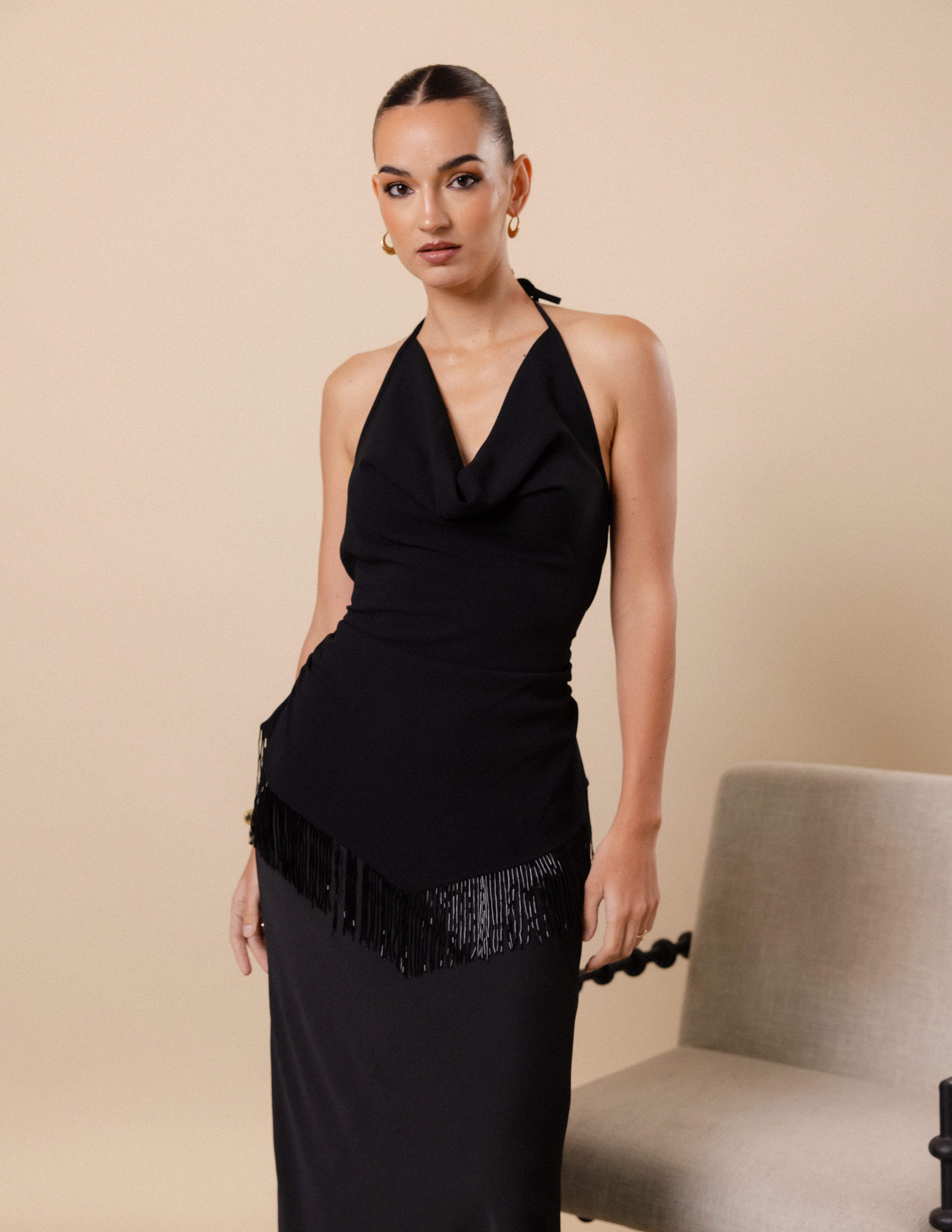Beaded Fringe Detail Cowl Top