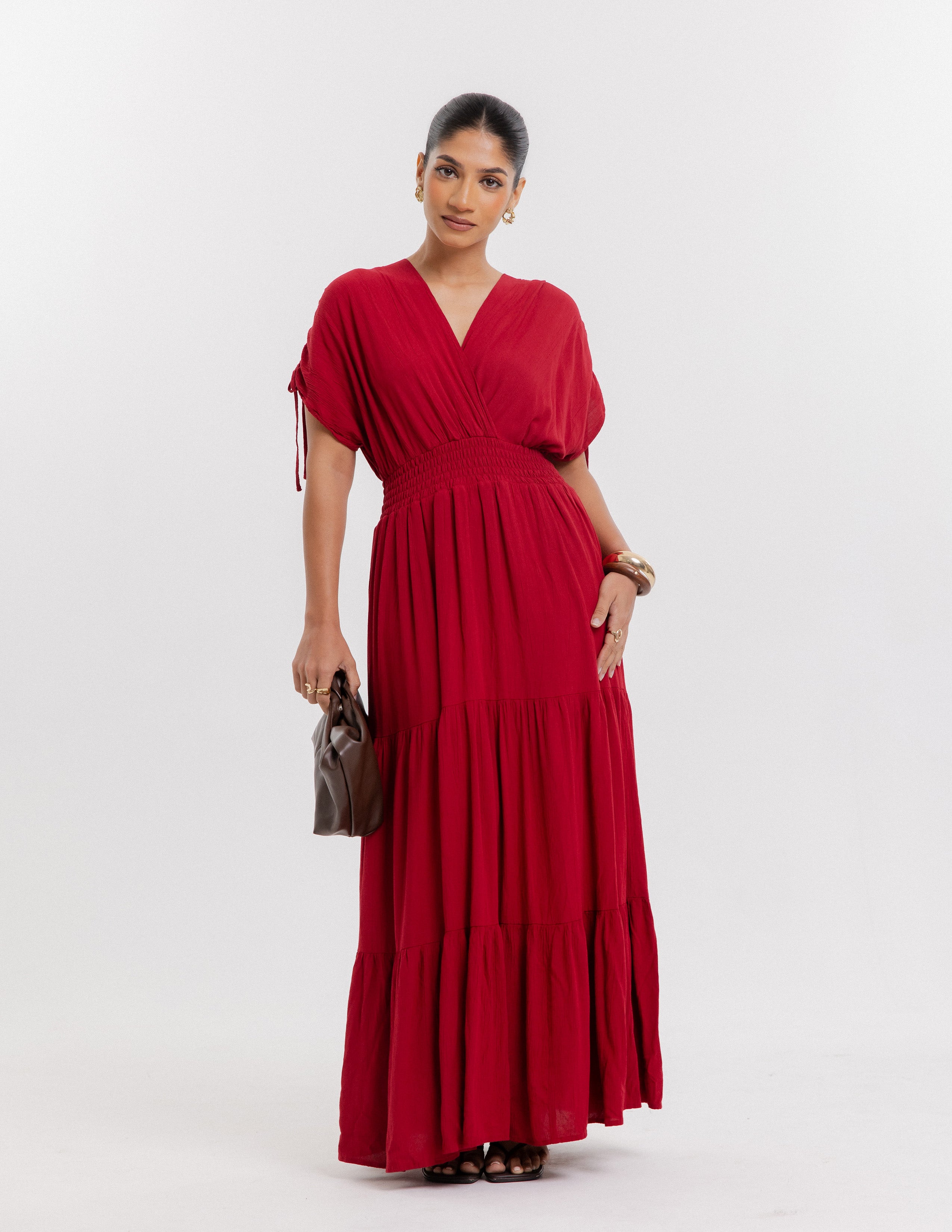 Smocking Detail Mock Wrap Maxi Dress