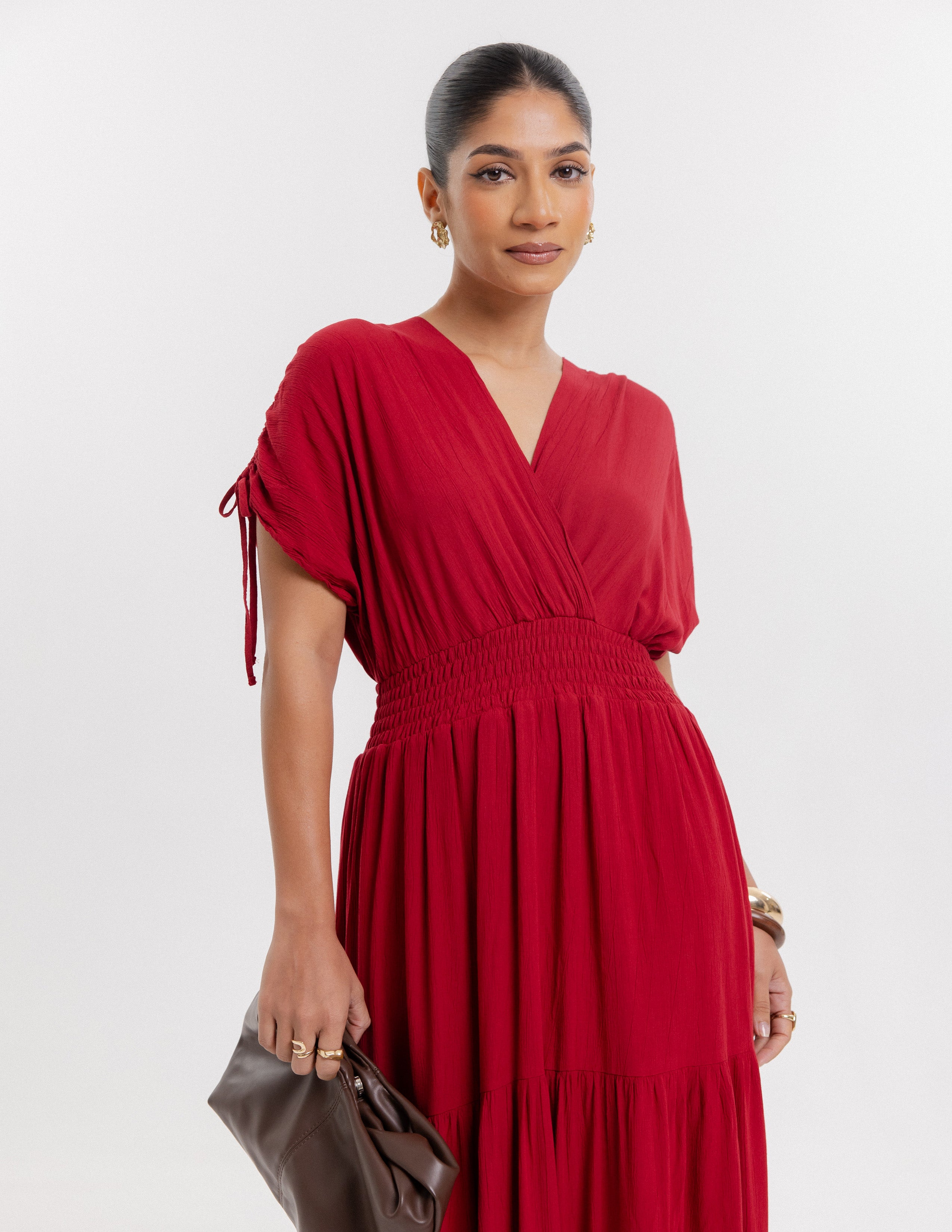Smocking Detail Mock Wrap Maxi Dress