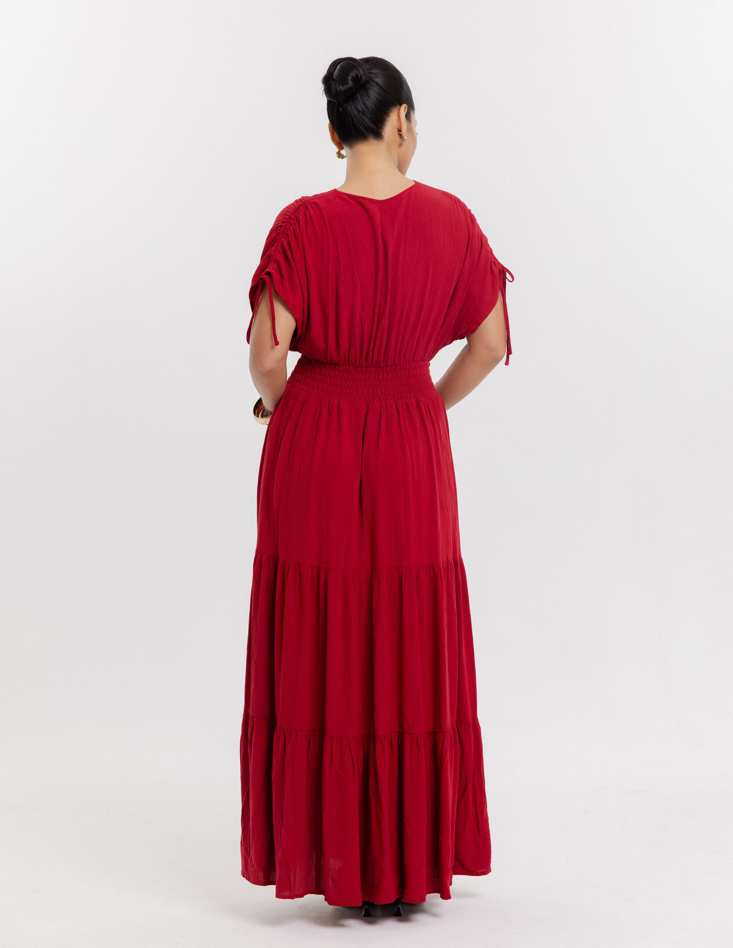 Smocking Detail Mock Wrap Maxi Dress