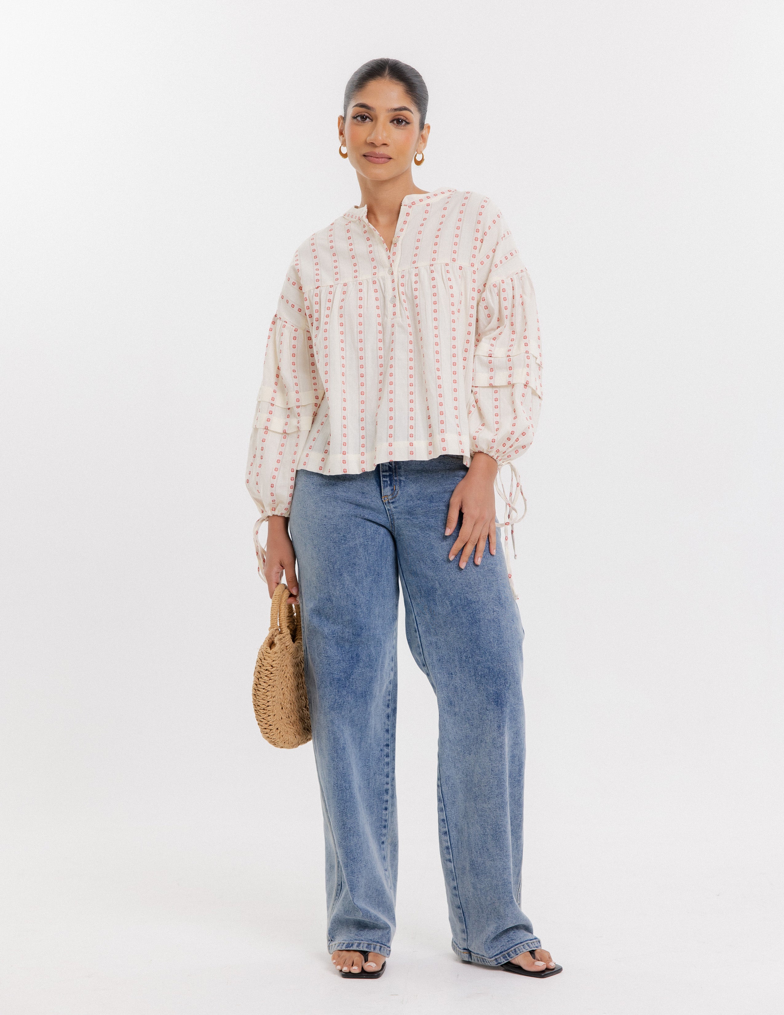 Pintuck Detail Embroidered Top