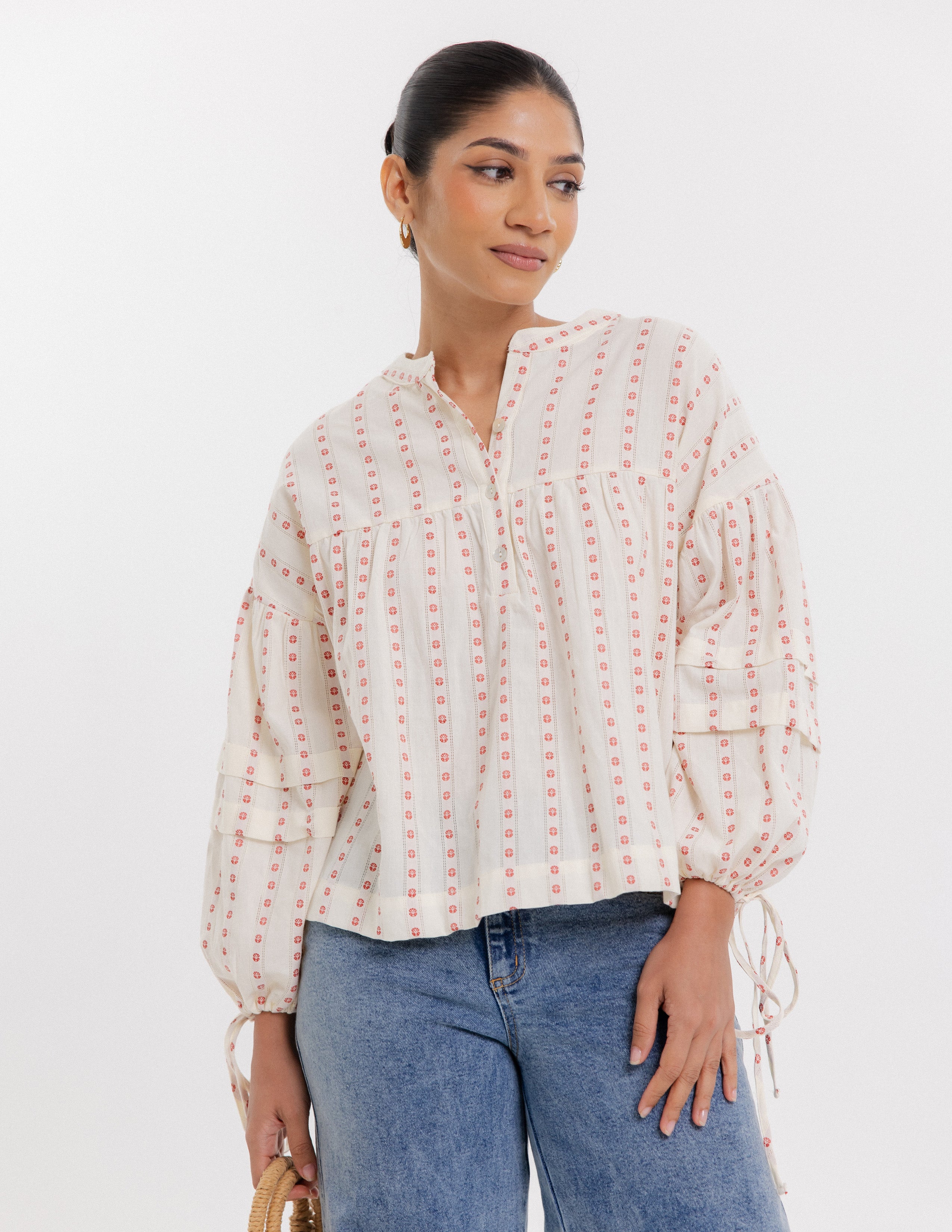 Pintuck Detail Embroidered Top