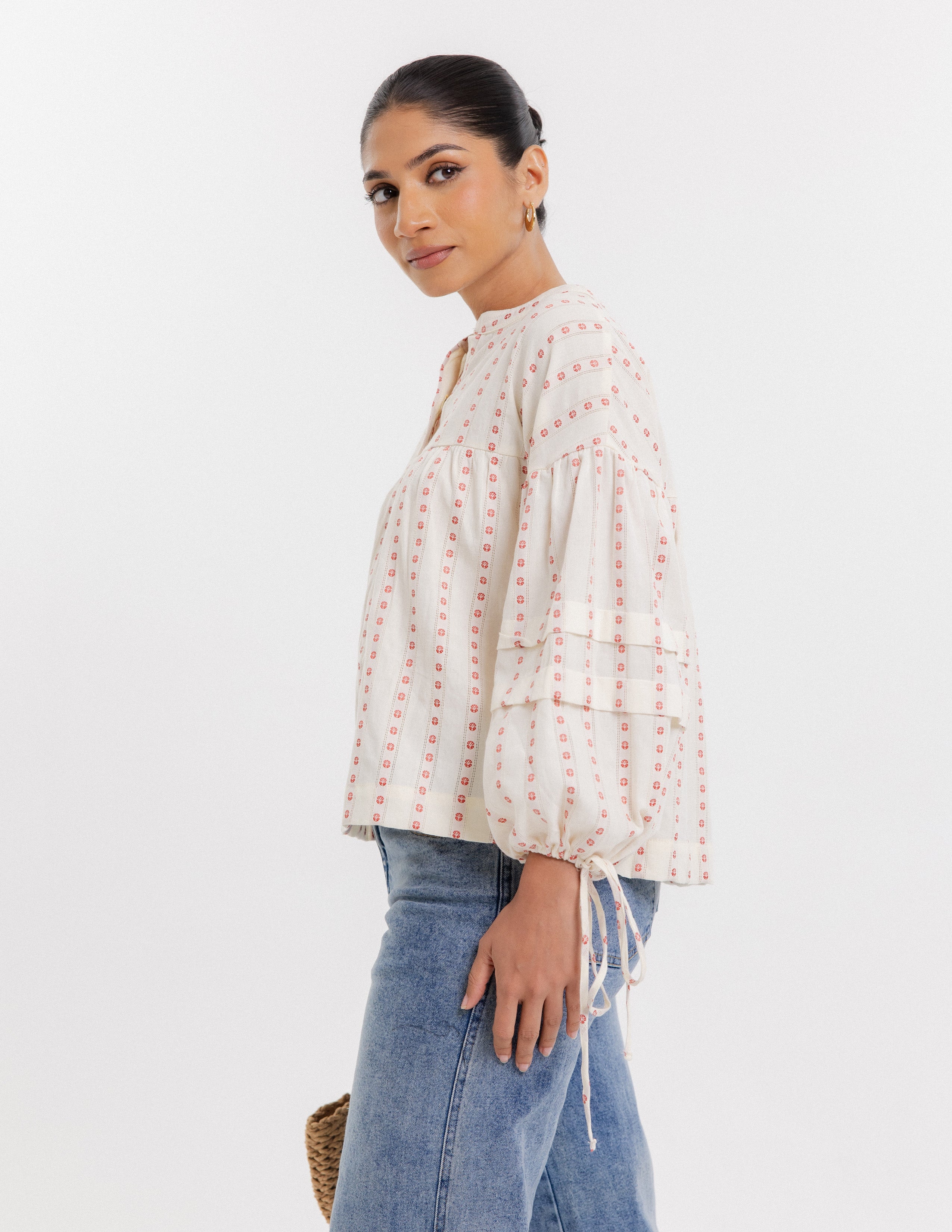 Pintuck Detail Embroidered Top