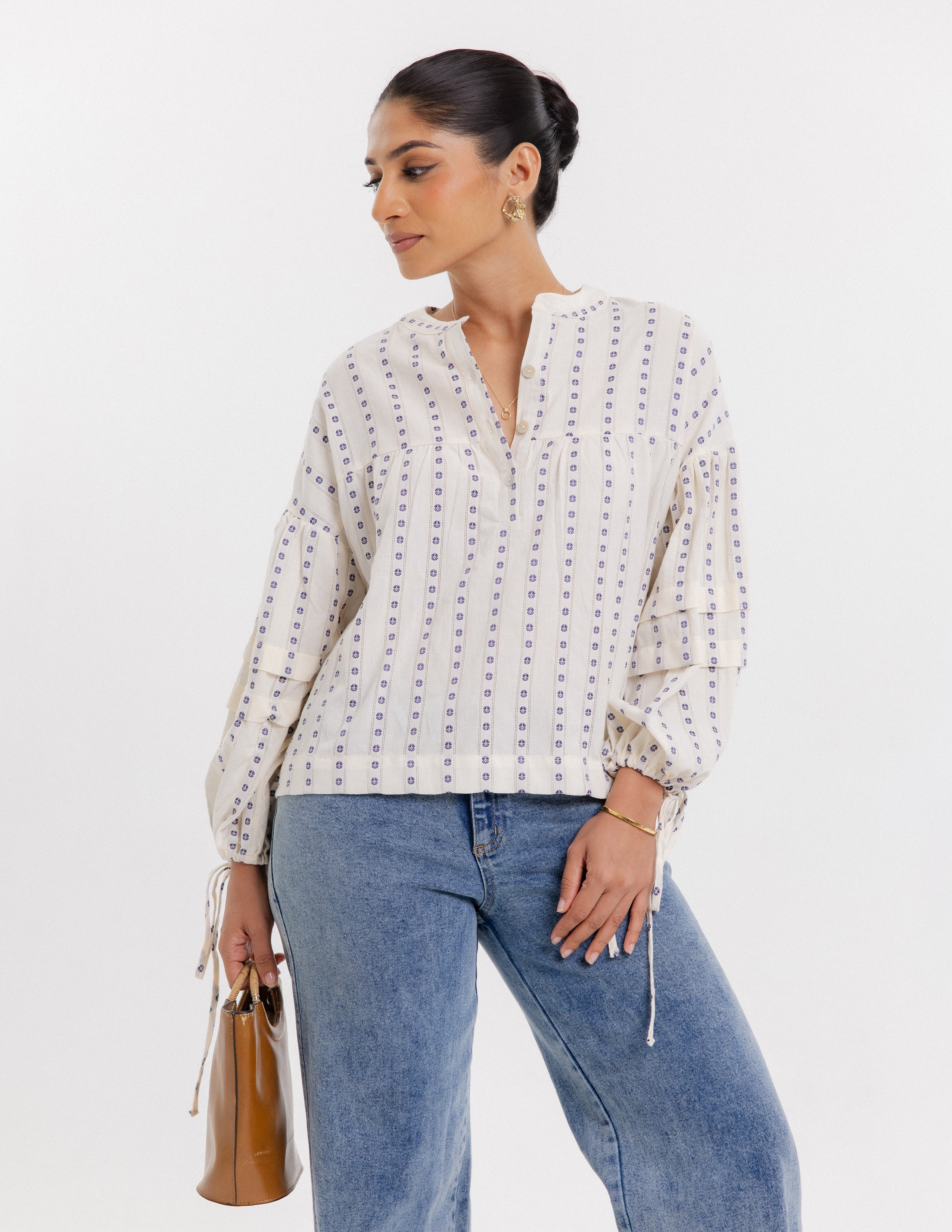 Pintuck Detail Embroidered Top