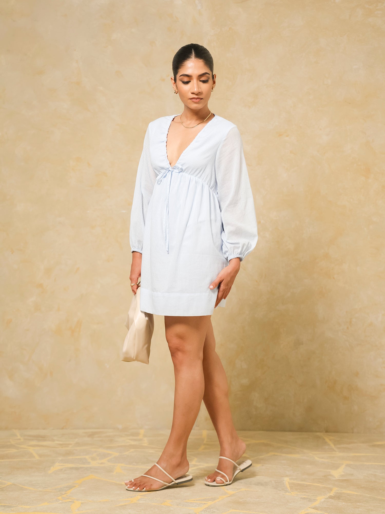 V Neck Ruched Long Sleeved Mini Dress