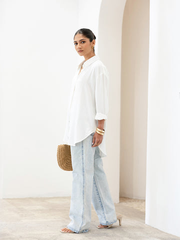 Button Down Collar Detailed Long Sleeved Oversized Top