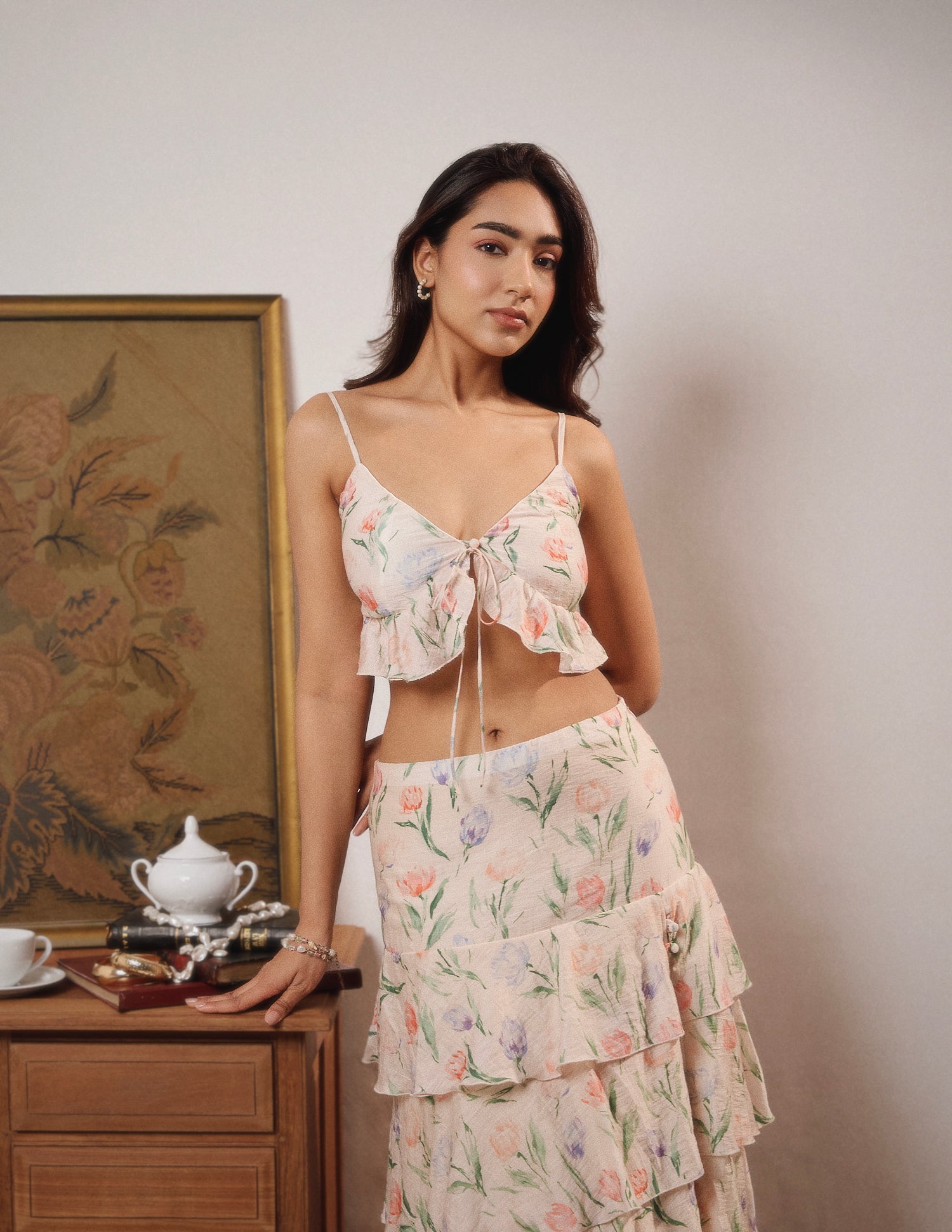 Front Tie Up Frill Detailed Bustier Top