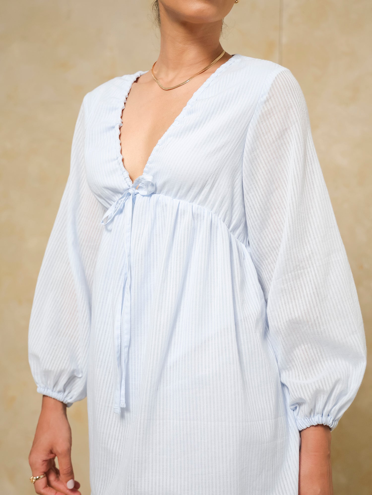 V Neck Ruched Long Sleeved Mini Dress