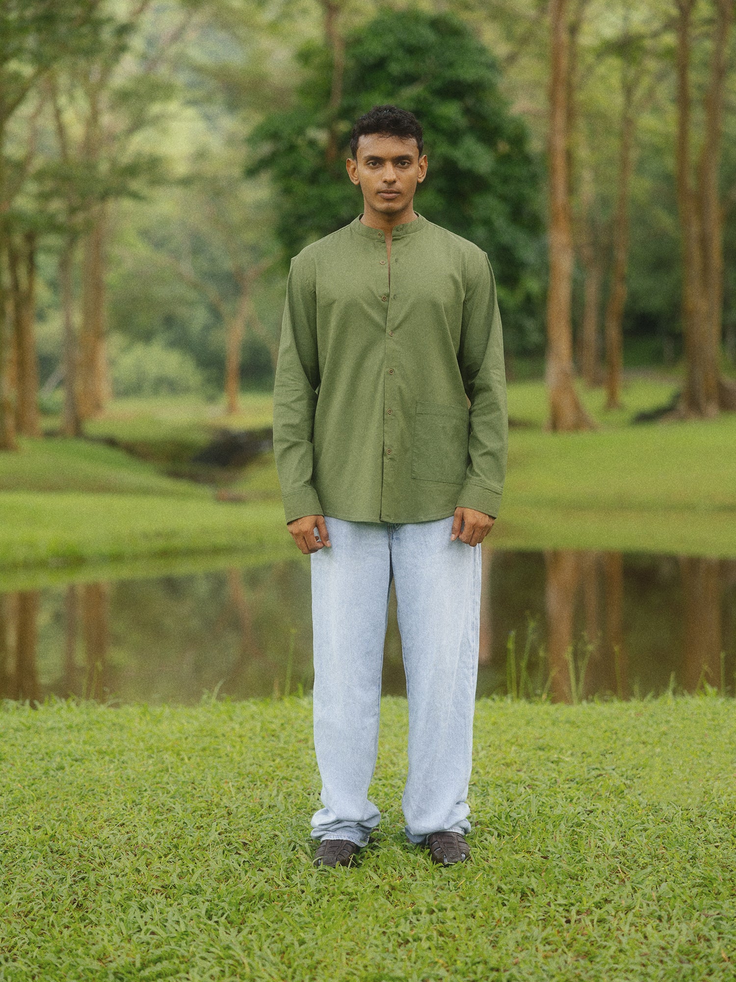 Chinese collar large square pocket shirt