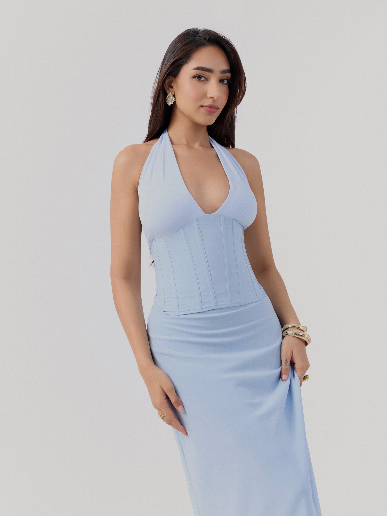 Bustier Detailed Contrast Fabric Maxi Dress