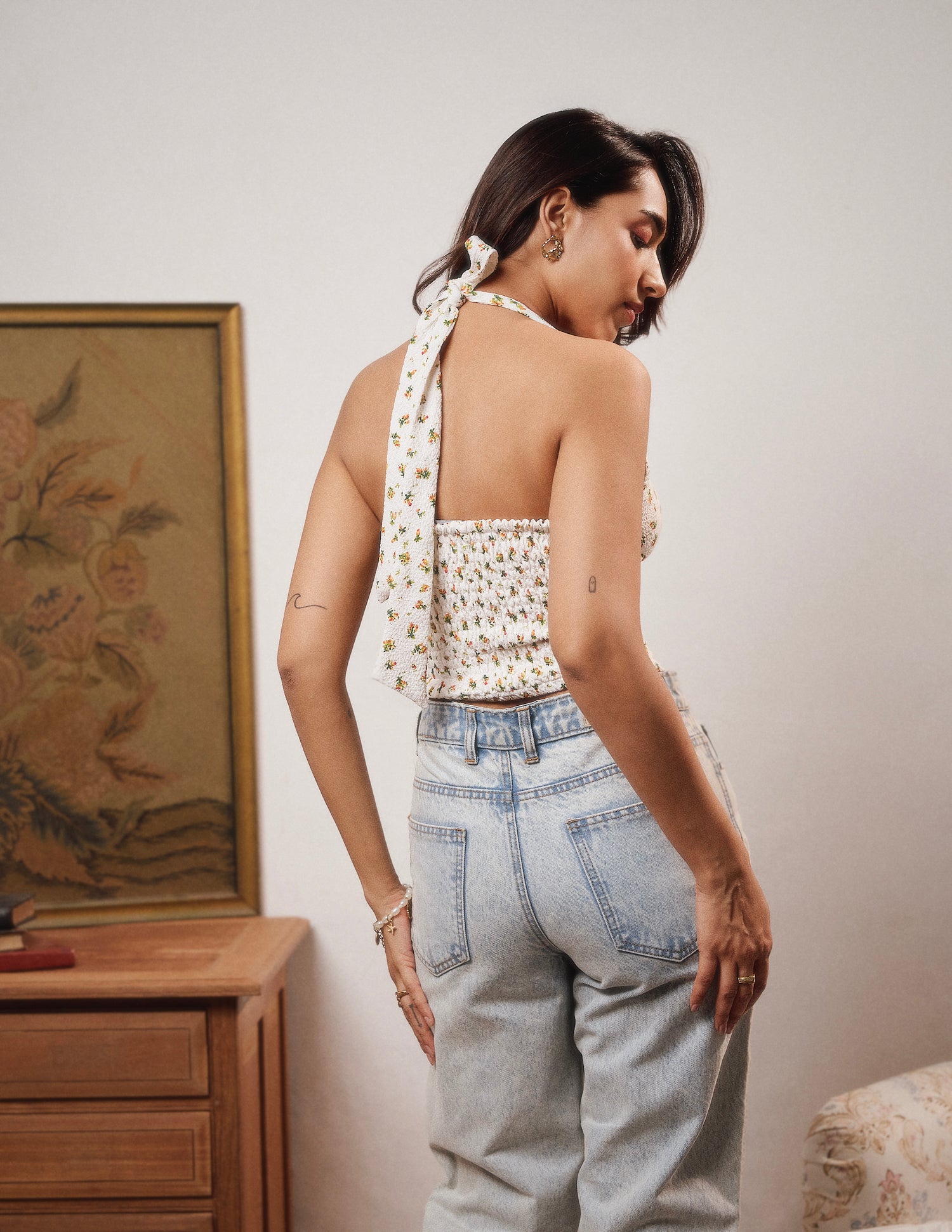 Back Smocking Halter Neck Tie Up Top