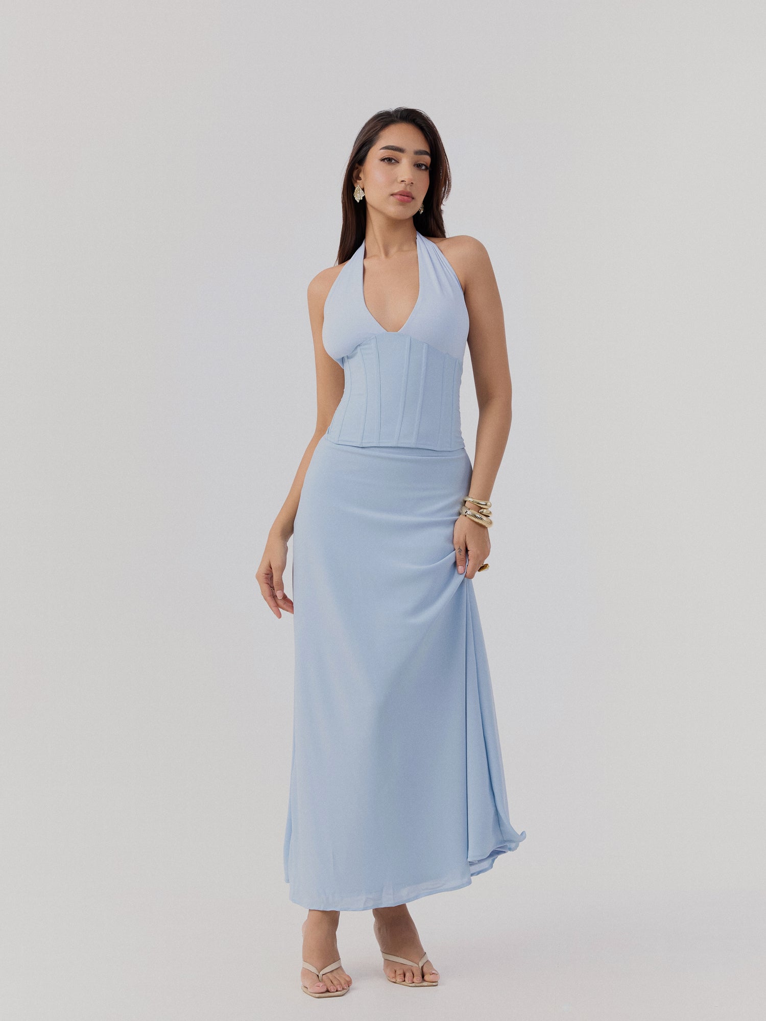 Bustier Detailed Contrast Fabric Maxi Dress