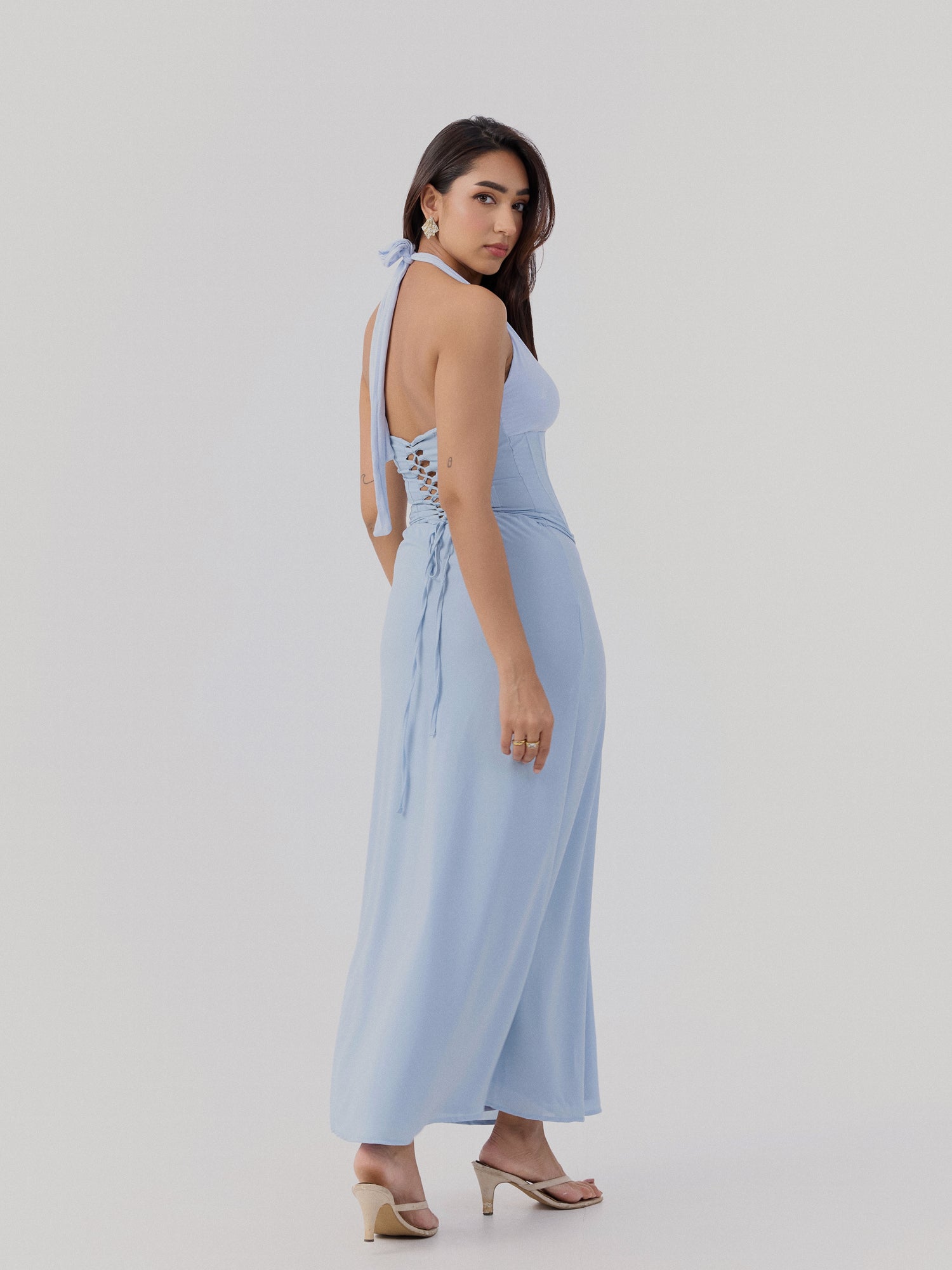 Bustier Detailed Contrast Fabric Maxi Dress