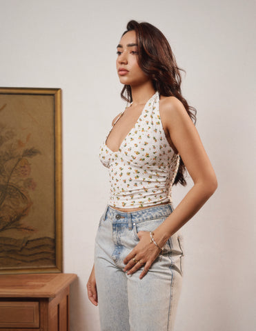 Back Smocking Halter Neck Tie Up Top