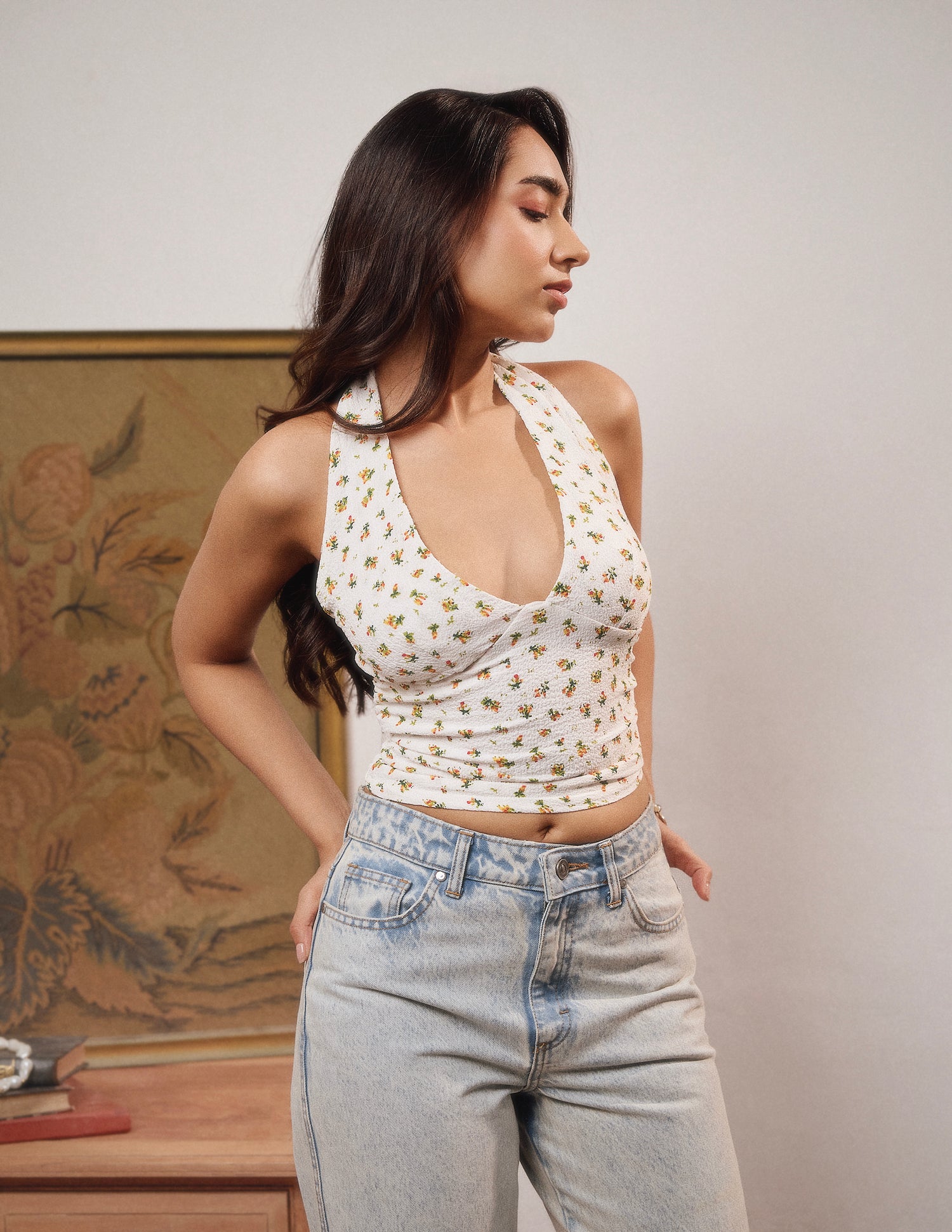 Back Smocking Halter Neck Tie Up Top