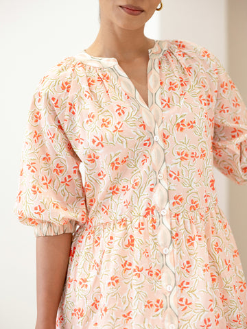 Button Down Contrast Detailed Printed Mini Dress