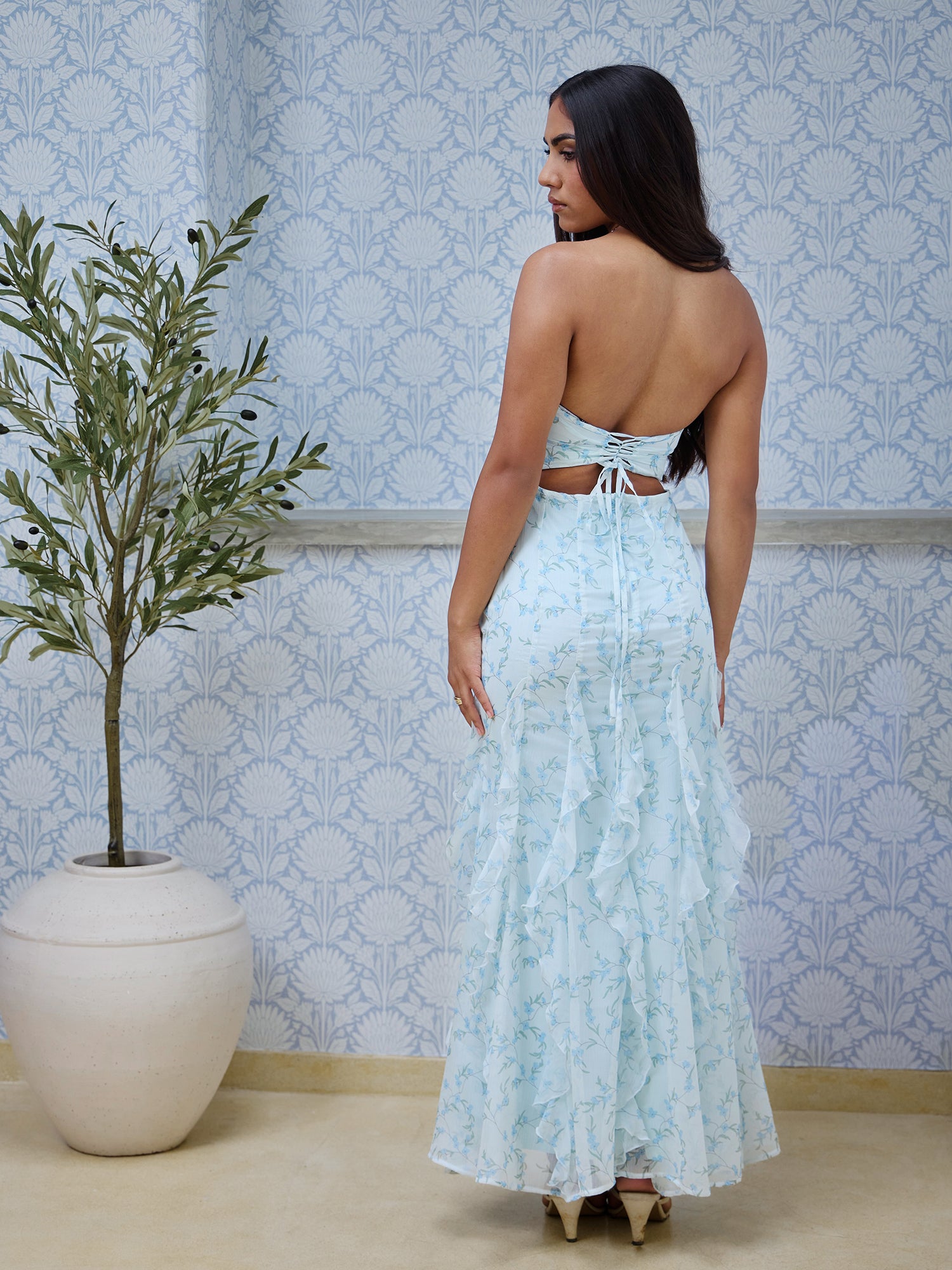 Ruffle Detailed Printed Maxi Dress