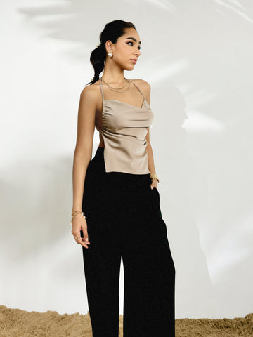 Front Cowl Side Ruched Tie Up Backless Top