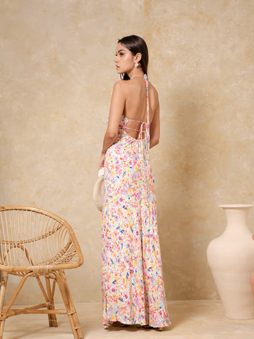 Bustier Detailed Neck Tie Up Maxi Dress