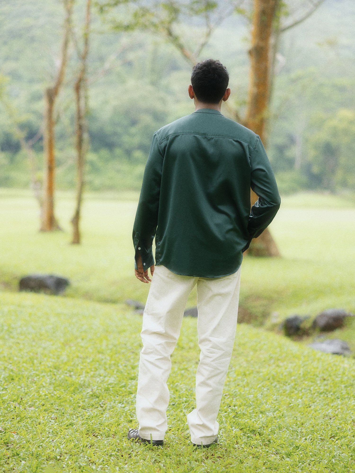 Chinese collar patch pocket shirt