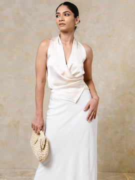 Mock Wrap Detailed Side Ruched Satin Top