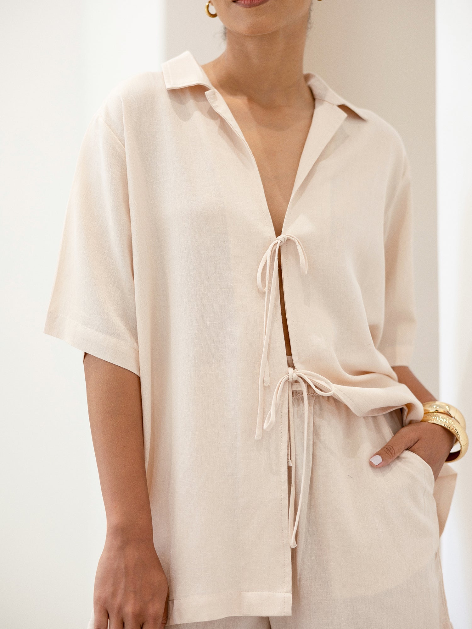 Camp Collar Front Tie Up Short Sleeved Top