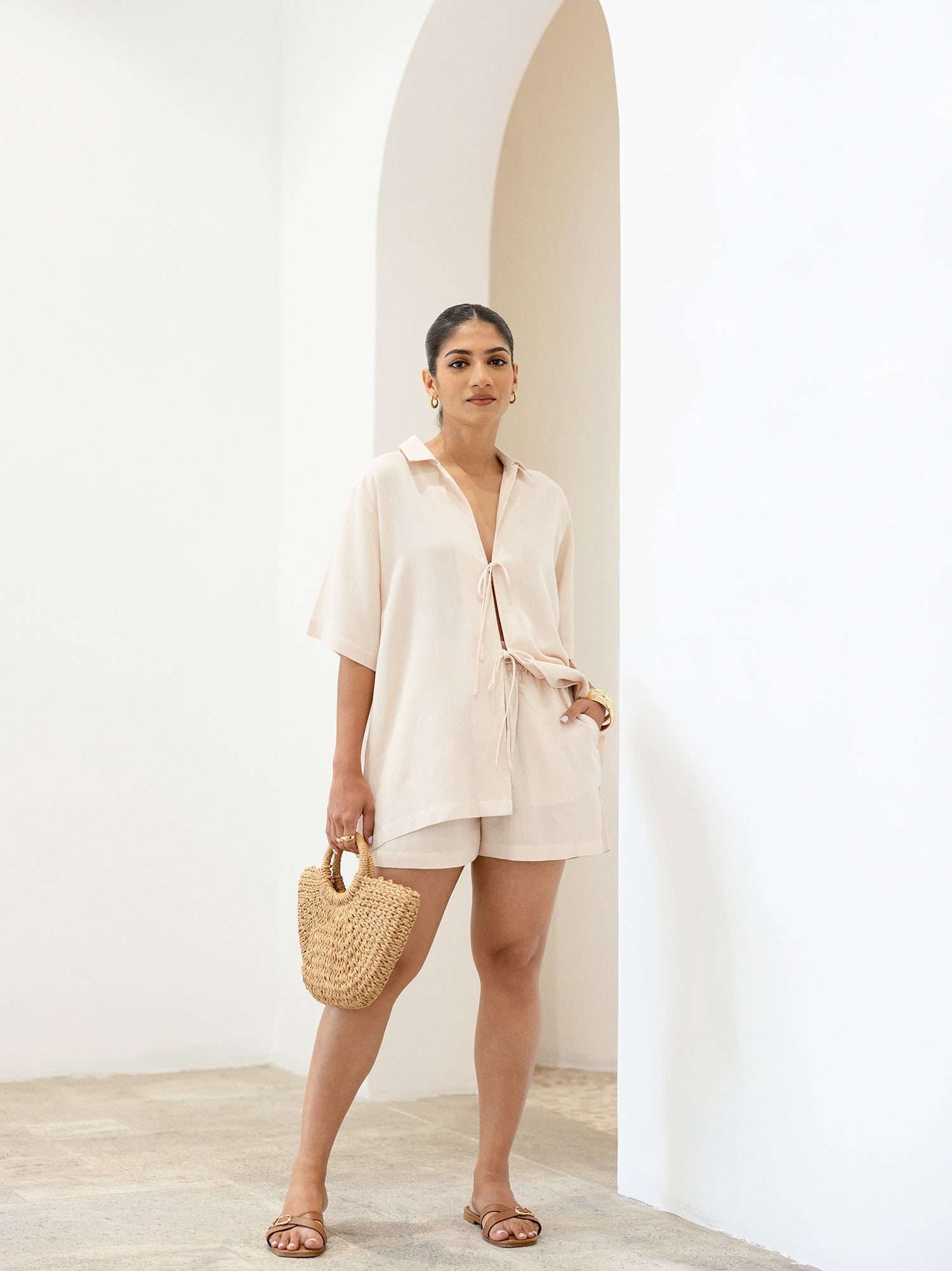 Camp Collar Front Tie Up Short Sleeved Top