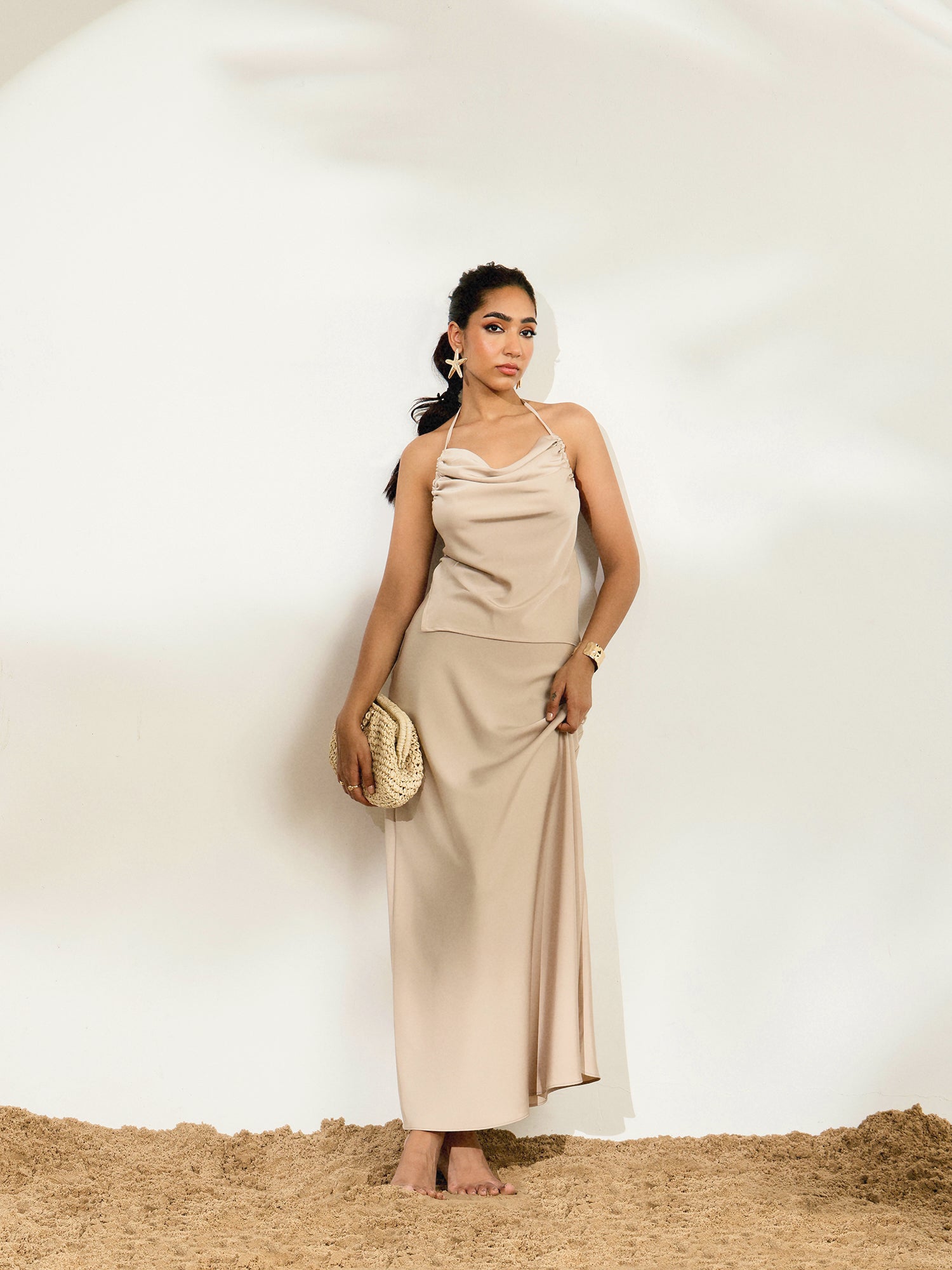 Front Cowl Side Ruched Tie Up Backless Top