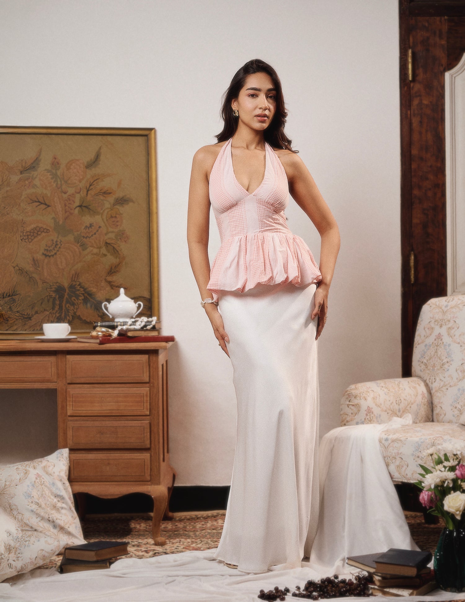 Halter Neck Tie Up Back Smocking Top