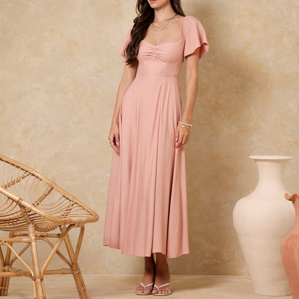 Front Bustier Ruched Butterfly Sleeved Maxi Dress