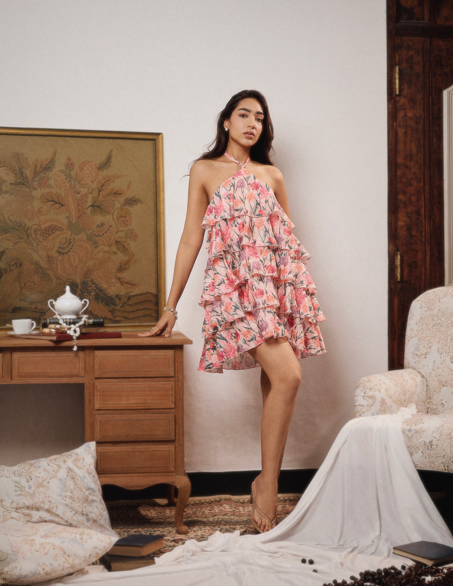 Neck Tie Up Frill Detailed Mini Dress