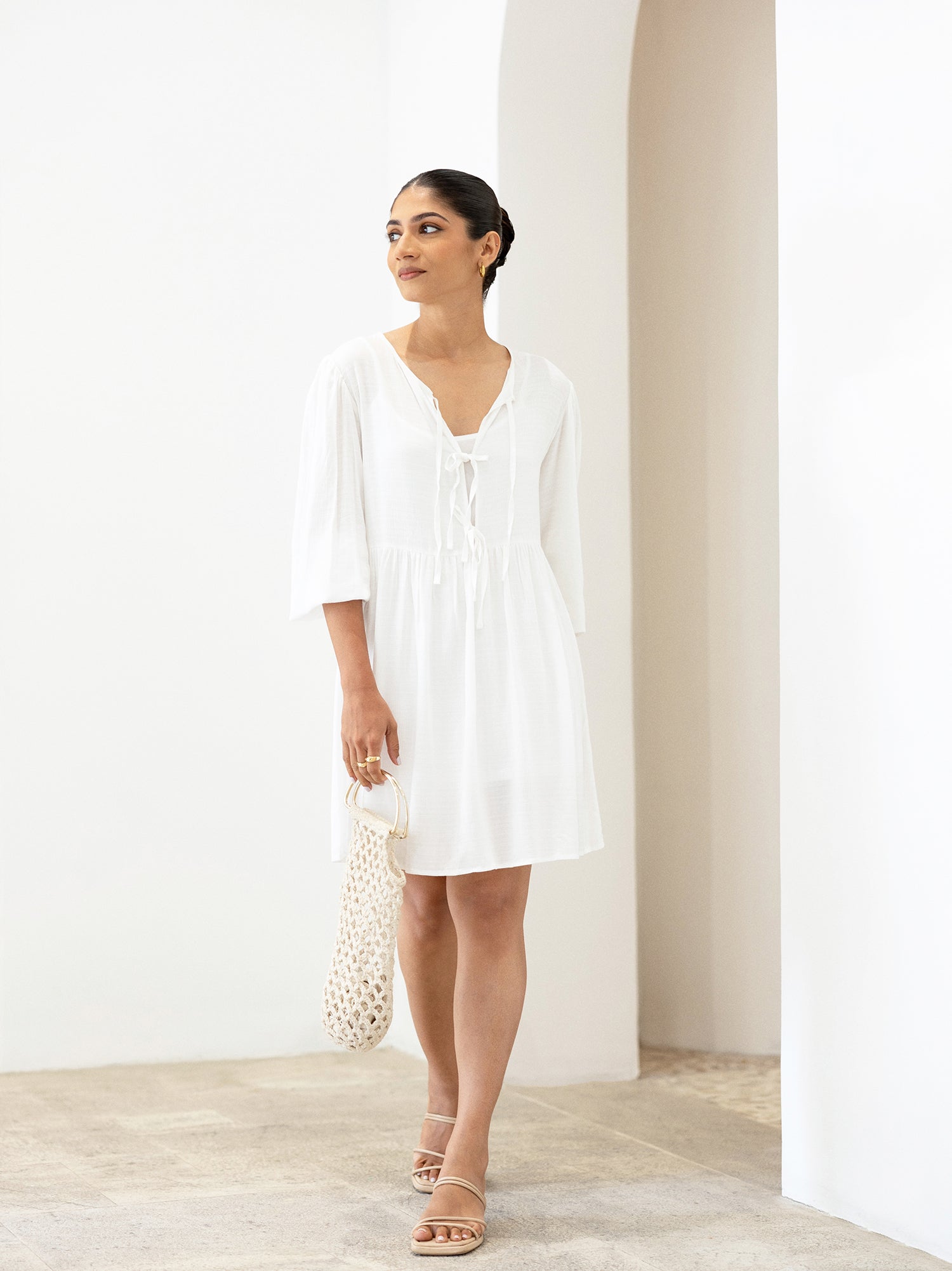 Front Tie Up Puff Sleeved Mini Dress