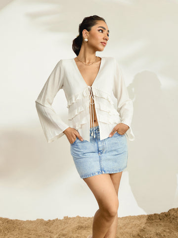 Frill Detailed Front Tie Up Long Sleeved Top