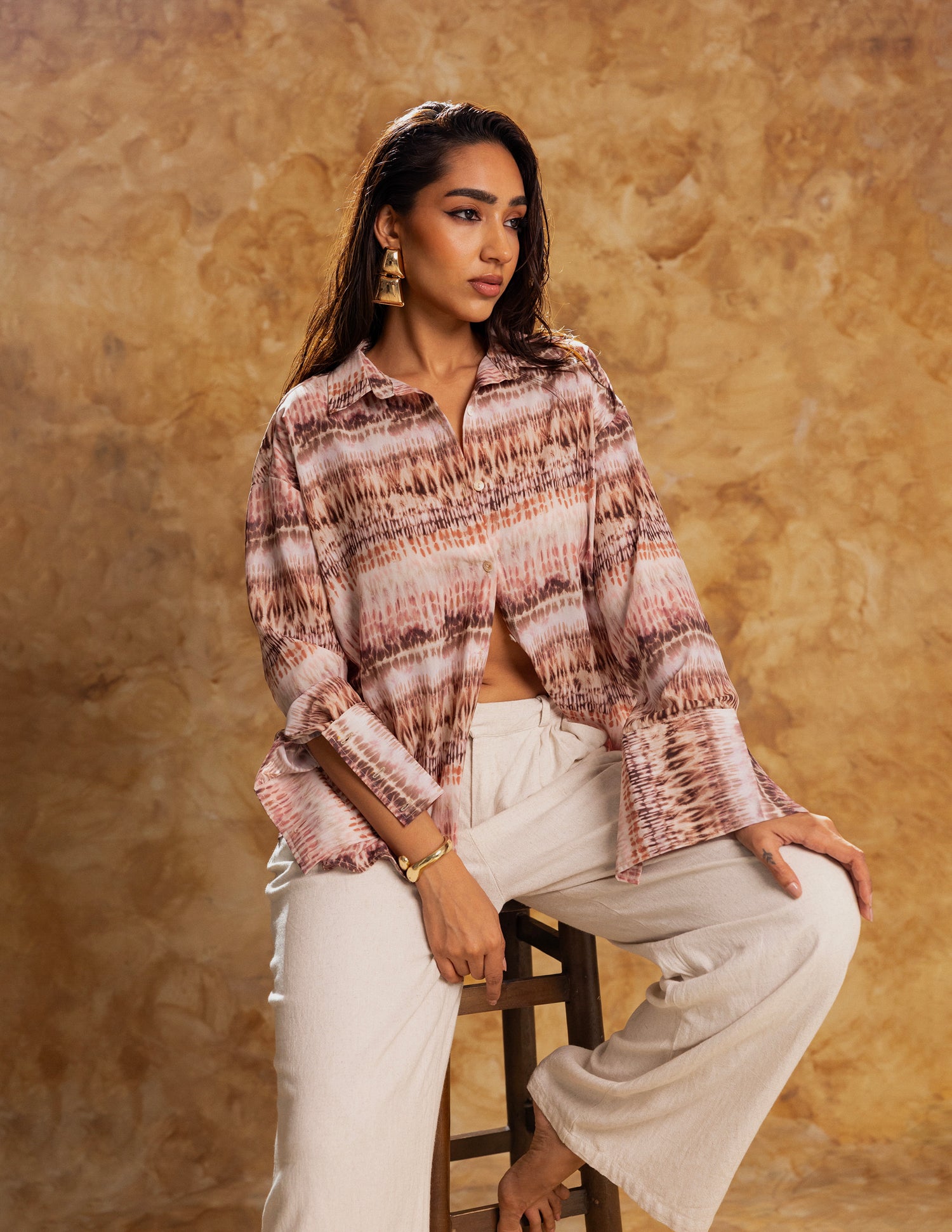 Button Down Back Tie Up Long Sleeved Top