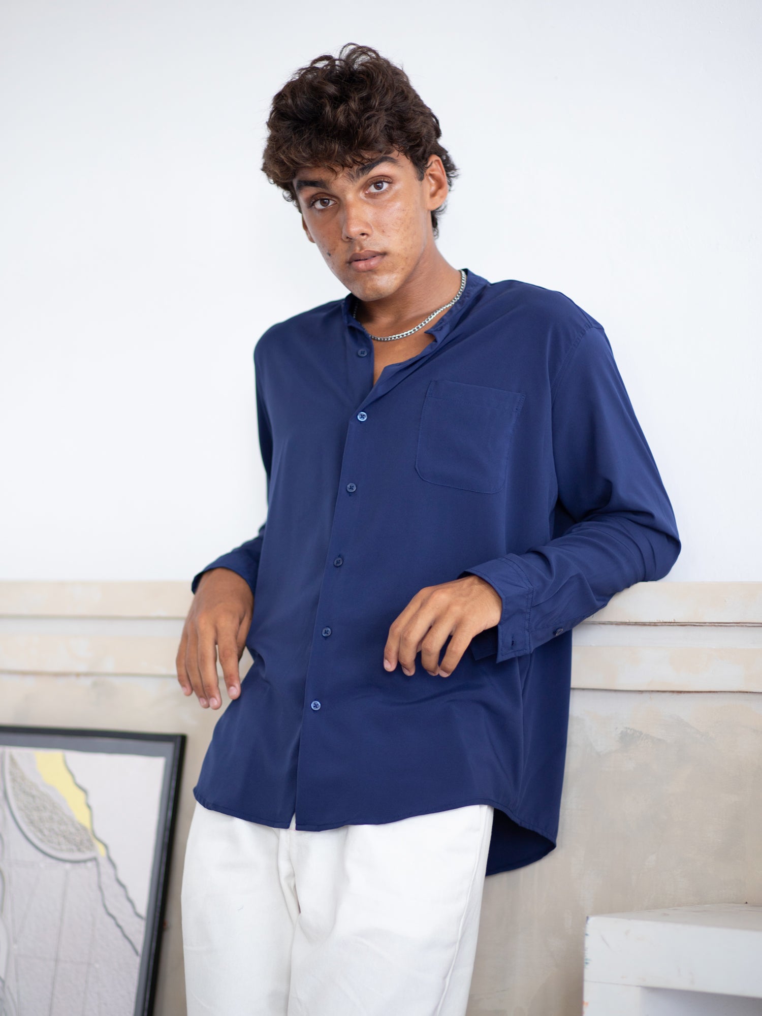 Oversized L/S chinese collar shirt