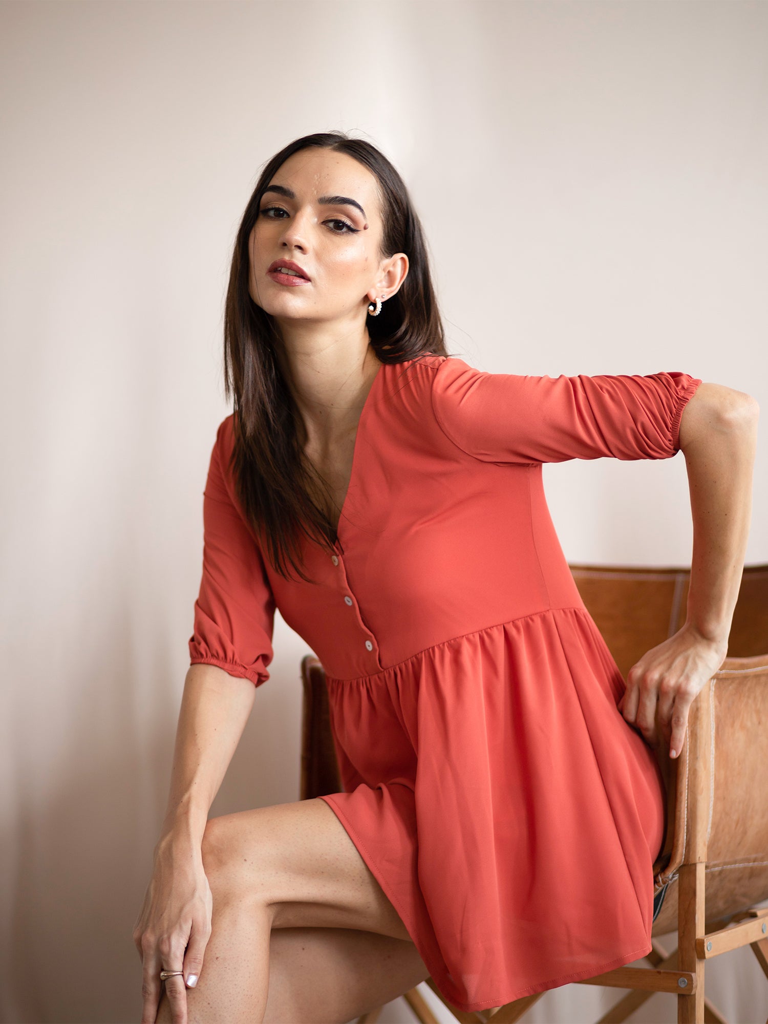 Button Down V Neck Mini Dress