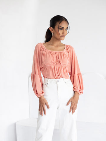 Front Elasticated Detail Balloon Sleeve Top