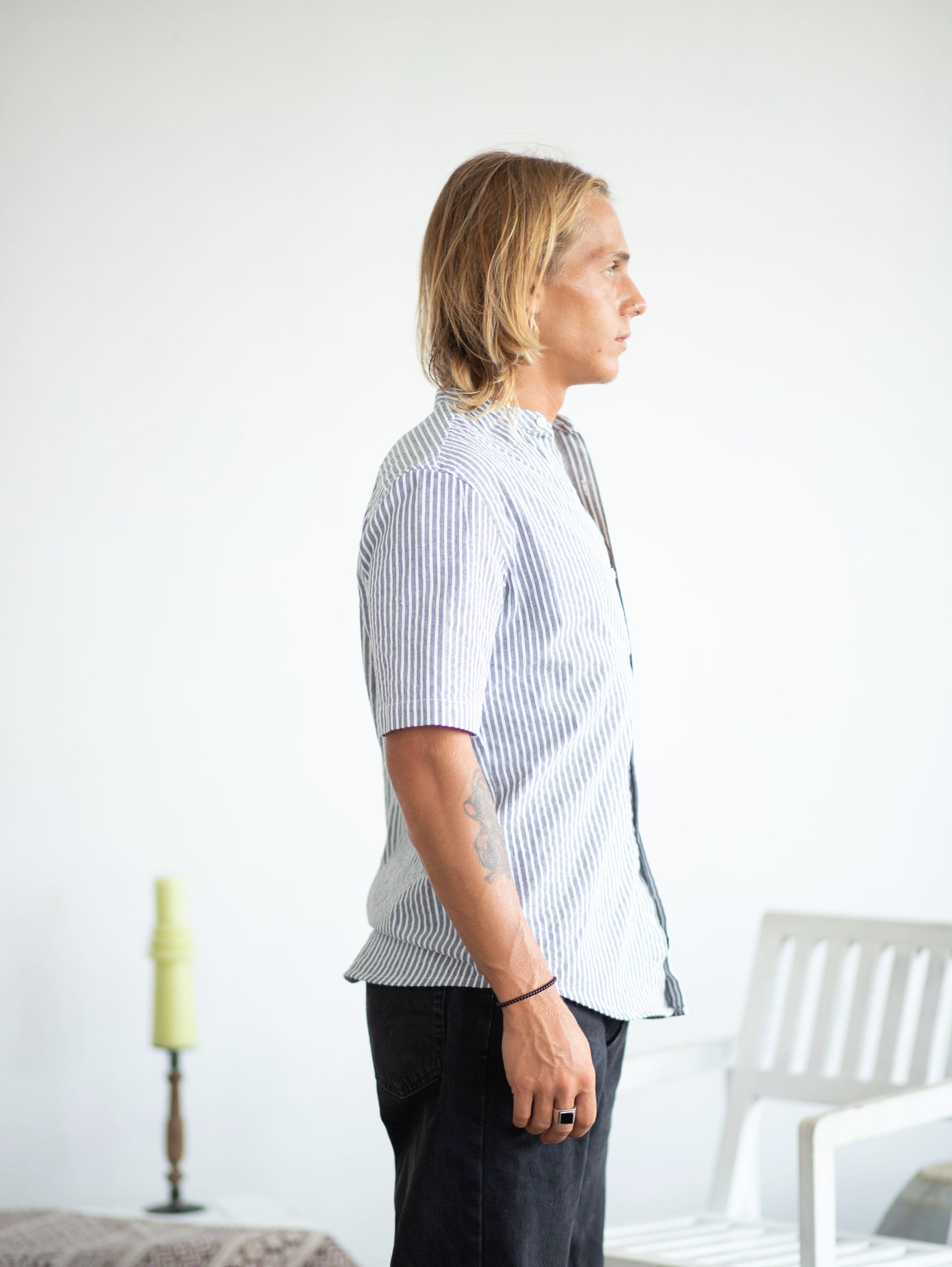 Short sleeved chinese collar shirt