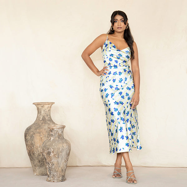 Back Tie-up Cowl Neck Satin  Dress